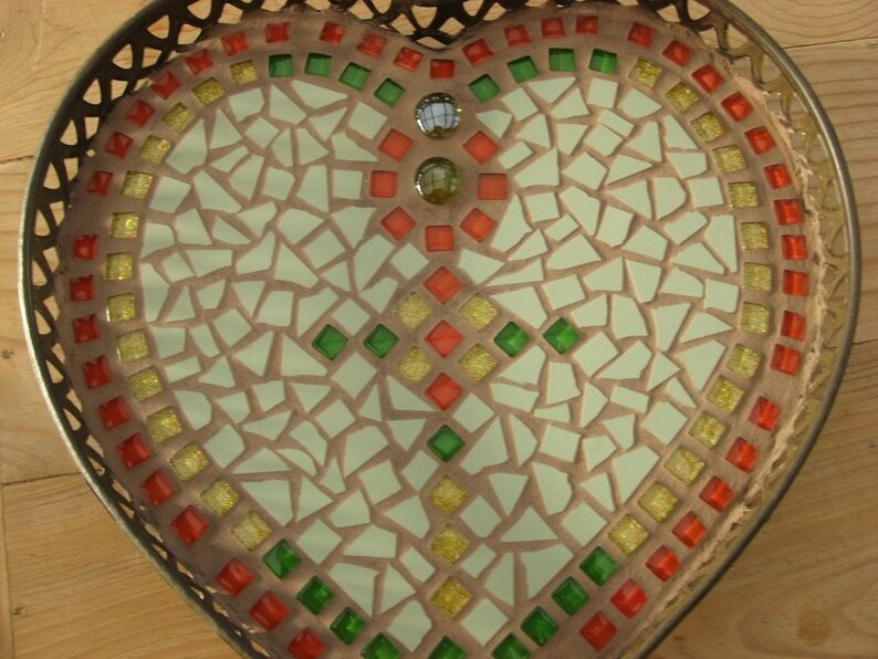 romantisches Tablett Mosaik Märchenwald Herz Tablett,Mosaik Tablett, Deko Tablett Herz herbstliche Deko Bild 2