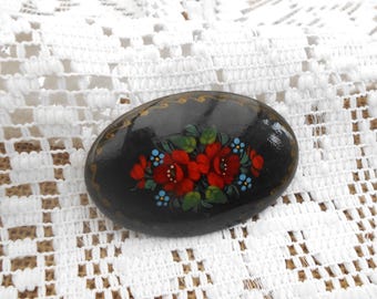 Große, ovale vintage Brosche Lackbrosche Blumen rot, grün, blau, schwarz alte Brosche handgemalt floral schwarz bunt Lack Brosche