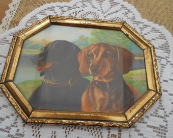 Zauberhaftes vintage Bild Wandbild Dackel, Dachshund mit Messing Rahmen, 30er/40er Jahre brocante shabby chic