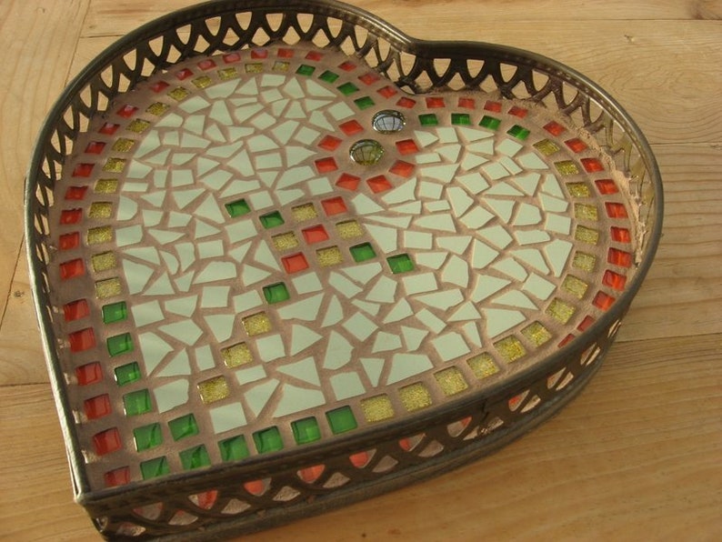 romantisches Tablett Mosaik Märchenwald Herz Tablett,Mosaik Tablett, Deko Tablett Herz herbstliche Deko Bild 1