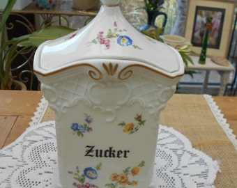 Große Vintage Porzellan Vorratsdose Deckeldose für Zucker, Gerold Bavaria, Barock Stil bunte Blumen weiß goldfarben 70er/80er Jahre