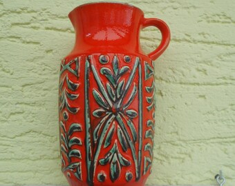 Vintage Ü-Keramik Vase Übelacker Vase 70er Jahre orange Relief 21 cm  Krugvase Henkelvase mid-century Vase Keramik