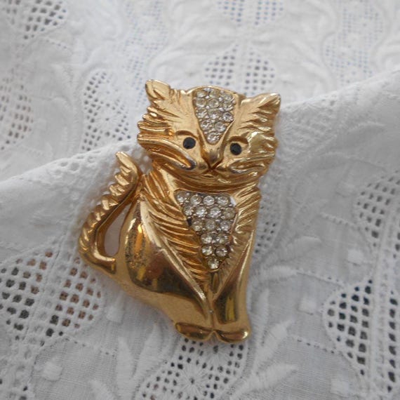 Vintage Brosche goldfarben Modeschmuck Katze Strass Steinchen 90er/2000er Jahre Katzen Brosche View 2
