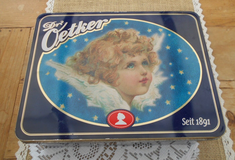 vintage Blechdose /Keksdose Dr. Oetker mit Engel Motiv blau weiß gold, 70er/80er/90er Jahre nostalgische vintage Blechdose Bild 2