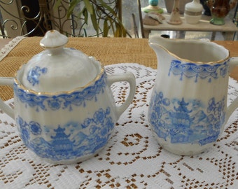 Vintage Zuckerdose und Milchkännchen Porzellan, China Blau weiß, blau, Goldrand mid-century Zuckerdose