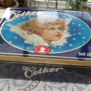 vintage Blechdose /Keksdose Dr. Oetker mit Engel Motiv blau weiß gold, 70er/80er/90er Jahre nostalgische vintage Blechdose Bild 3