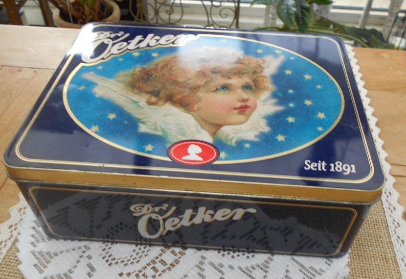 vintage Blechdose /Keksdose Dr. Oetker mit Engel Motiv blau weiß gold, 70er/80er/90er Jahre nostalgische vintage Blechdose Bild 3