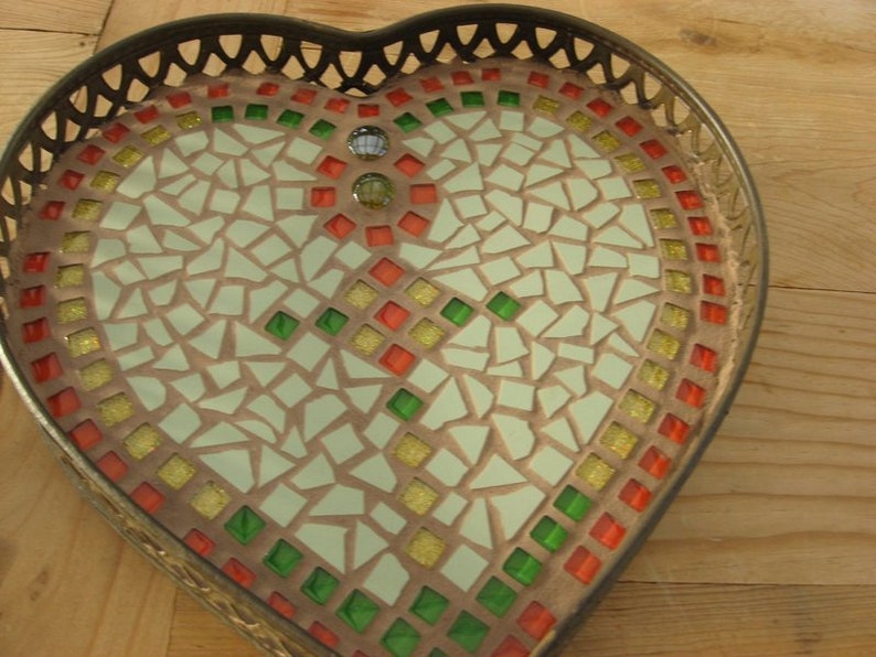 romantisches Tablett Mosaik Märchenwald Herz Tablett,Mosaik Tablett, Deko Tablett Herz herbstliche Deko Bild 4