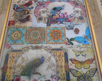 UPCYCLING Bild Collage Wandbbild Boho Decoupage und Perlen im alten Holzrahmen mit Leinen Mandala Pfau Schmetterling