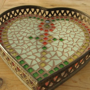 romantisches Tablett Mosaik Märchenwald Herz Tablett,Mosaik Tablett, Deko Tablett Herz herbstliche Deko Bild 3