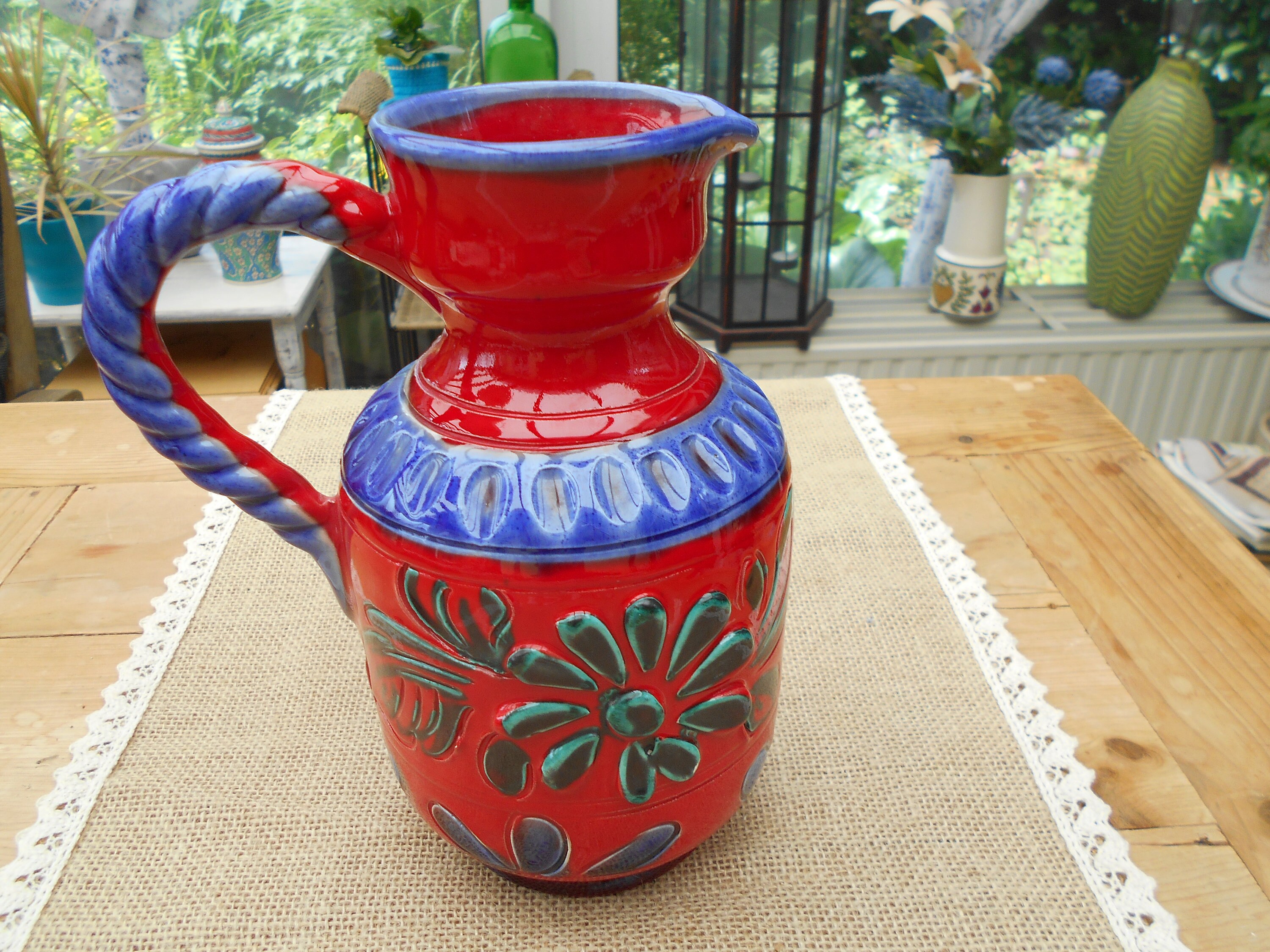 Vintage Keramik Vase Miriam Italy, 70er Jahre Rot, Blau, Floral