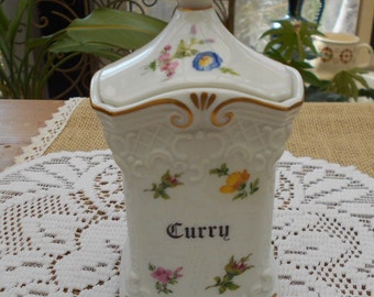 Kleine Vintage Porzellan Vorratsdose Deckeldose für Curry, Gerold Bavaria, Barock Stil bunte Blumen weiß goldfarben 70er/80er Jahre