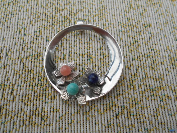vintage Anhänger 835er Silber floral mit kleinen Edelsteinen Lapis Türkis mid-century Anhänger Silber Anhänger