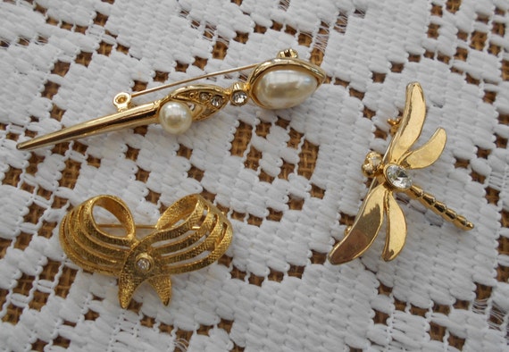 3 Vintage Broschen im Set goldfarben Modeschmuck … - image 2