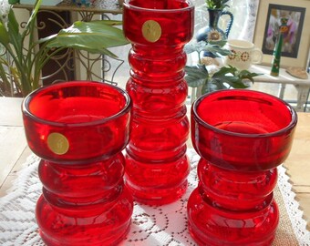 Vintage WMF Glas Kerzenständer Trio / Set knallrot Entwurf Cari Zalloni, 70er Jahre Kerzenhalter Glas rot