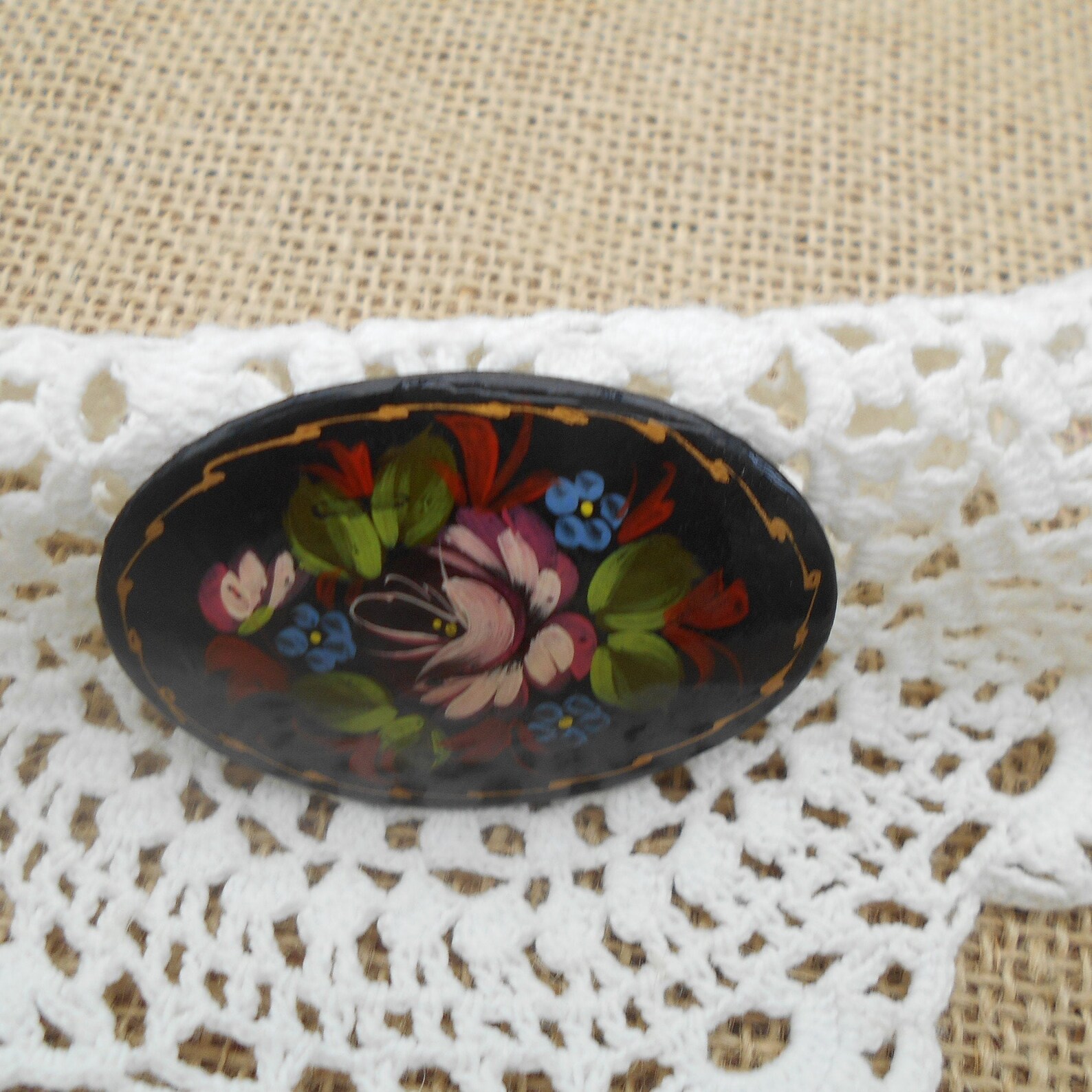 Große ovale vintage Brosche Lackbrosche Blumen rot grün | Etsy