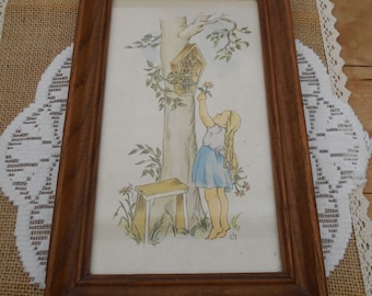 vintage shabby brocante Bild, Wandbild Kinderbild Mädchen Baum Jesus gerahmt brauner Holz Rahmen 40er/50er Jahre