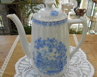 Vintage Kaffeekanne Porzellan, China Blau 7712  weiß, blau, goldfarben, große mid-century Kanne