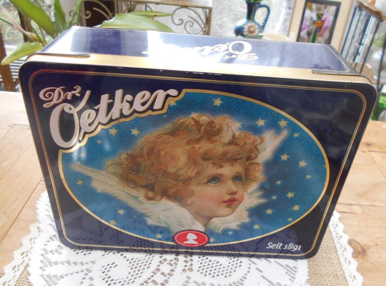 vintage Blechdose /Keksdose Dr. Oetker mit Engel Motiv blau weiß gold, 70er/80er/90er Jahre nostalgische vintage Blechdose Bild 5