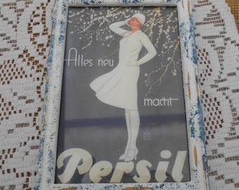 UPCYCLING Bild Wandbild gerahmte Werbepostkarte "Persil" im vintage Holzrahmen in weiß und blau, upcycling Wanddeko
