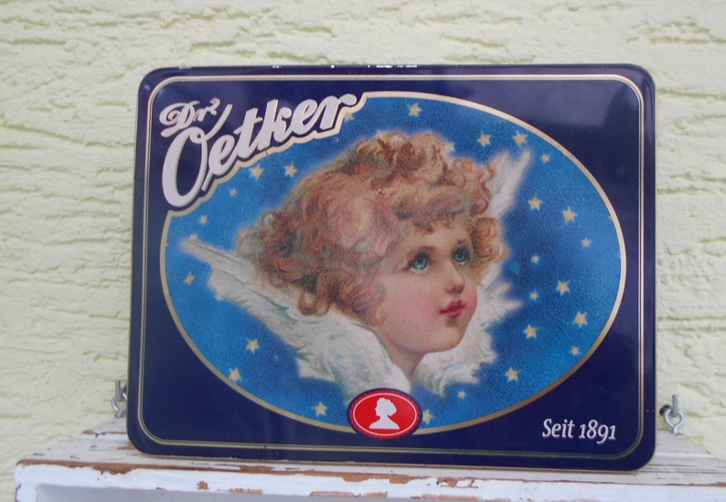 vintage Blechdose /Keksdose Dr. Oetker mit Engel Motiv blau weiß gold, 70er/80er/90er Jahre nostalgische vintage Blechdose Bild 8