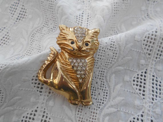 Vintage Brosche goldfarben Modeschmuck Katze Strass Steinchen 90er/2000er Jahre Katzen Brosche View 3