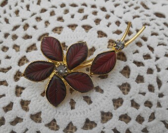 Vintage Brosche goldfarben Modeschmuck, Strass Blumen Blüte rot-braun florale Brosche mid-century