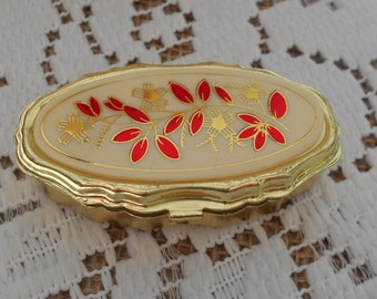 Vintage Pillendose Tablettendose Metall goldfarben creme und rot, Blätter und abstrakte Blüten 80er/90er Jahre