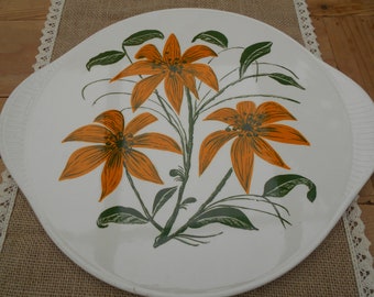 Runde Vintage Kuchenplatte Keramik Grünstadt weiß gelb grün Blumen Keramikplatte Kuchenplatte Keramik