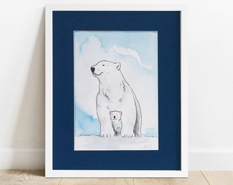 Eisbären Bild mit Passepartout, Original Zeichnung, Kinderzimmer-Bild, Wanddeko, niedliche Illustration, Kinderwandkunst, Dekor