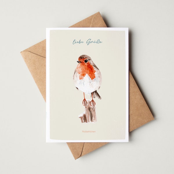 Vogel Postkarte *Liebe Grüße* Faltkarte mit Umschlag, Rotkehlchen Grußkarte