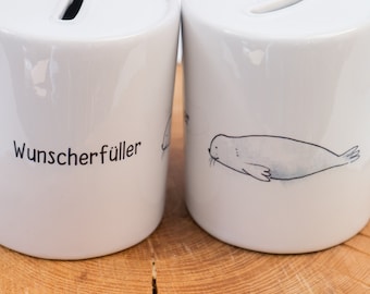 Personalized piggy bank with two seals – North Sea Love – Unique gift for couples