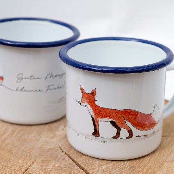 Frühstücks-Emaille-Tasse, Geschenk Tasse mit Fuchs und Spruch, Kaffeetasse, Geschenk, Kindertasse zum Geburtstag