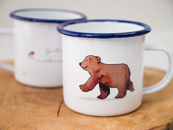 Frühstücks-Emaille-Tasse, Geschenk Tasse mit Bär und Spruch, Kaffeetasse, Geschenk, Kindertasse zum Geburtstag