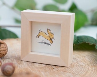 small rabbit picture in mini wood frame, original drawing, nursery picture, wall decoration, cute gift, children's wall art