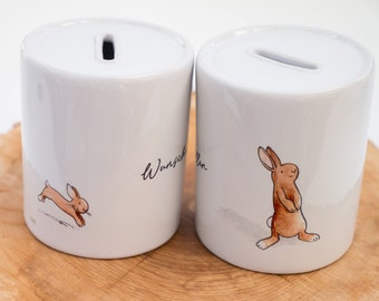 Money box with cute bunnies, "wish fulfiller", a great gift for children, customizable