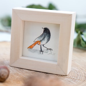 Hausrotschwanz Bild im Miniholzrahmen, Original Zeichnung, Kinderzimmer-Bild, Wanddeko, niedliches Geschenk, Kinderwandkunst, Dekor