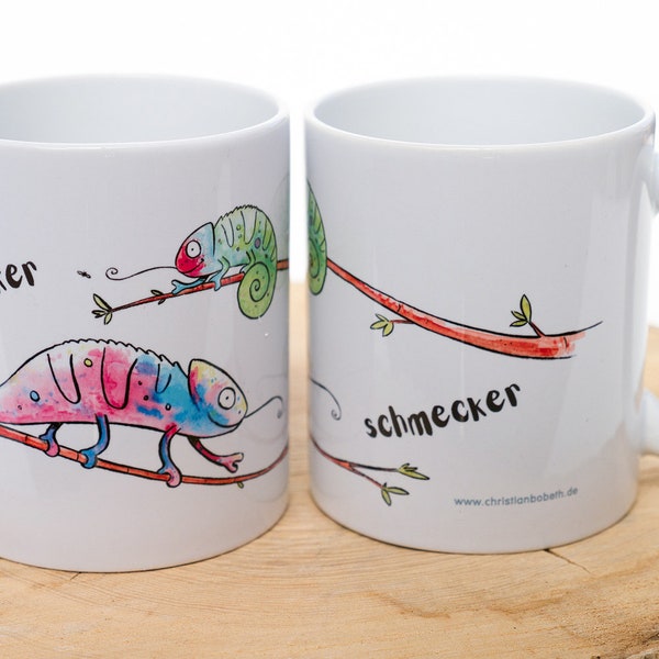 Keramik-Tasse mit Chamäleons, Geburtstagsgeschenk, Weihnachtsgeschenk, personalisierbar