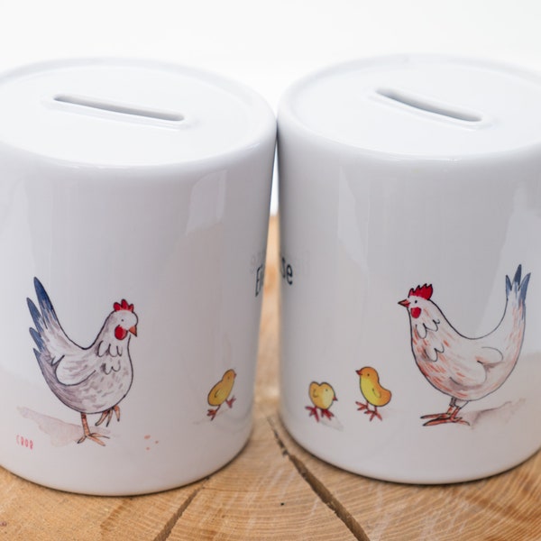 Money box with chickens, "egg cash register", a great gift, customizable