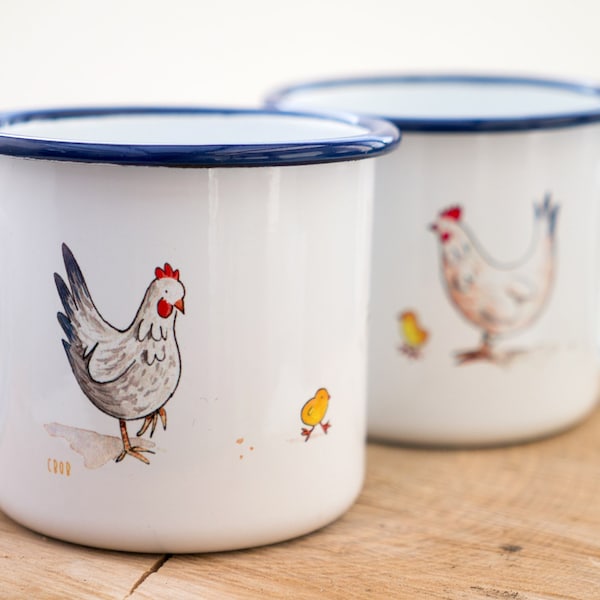 Emaille-Tasse Huhn, Geschenk Tasse mit Hühnern und Kücken, Kindertasse zum Geburtstag, Personalisierbar