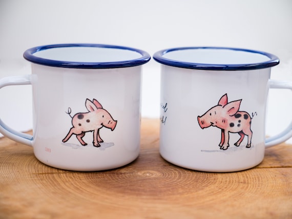 Frühstücks-Emaille-Tasse, Geschenk Tasse mit Schweinchen, Kaffeetasse, Geschenk, Kindertasse zum Geburtstag