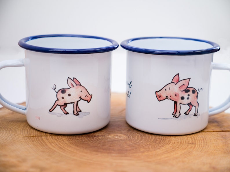 Breakfast enamel cup, gift cup with piggy, coffee cup, gift, children's cup for a birthday image 1