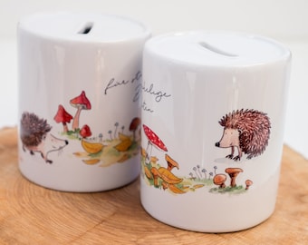 Money box with cute hedgehogs and mushrooms, "for prickly times", a great gift for children, customizable