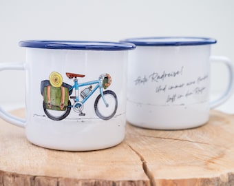 Enamel mug with bicycle design, gift mug for cyclists, cycling tour mug, customizable