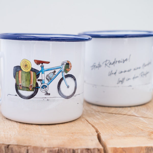 Enamel mug bicycle, gift mug for cyclists, bike tour mug, customizable