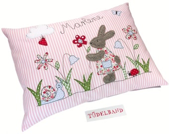 Pillow name pillow children's pillow ...small flower meadow...bunny...pink...