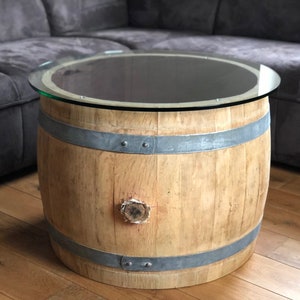 Bulbous wine barrel coffee table with (70s) glass top
