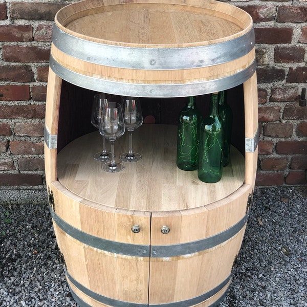 Wine barrel bar with large opening and small doors
