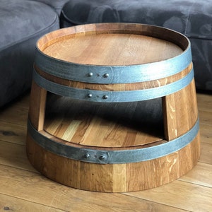 Oiled wine barrel coffee table with shelf