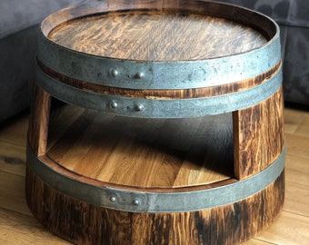 Rustic wine barrel coffee table with shelf